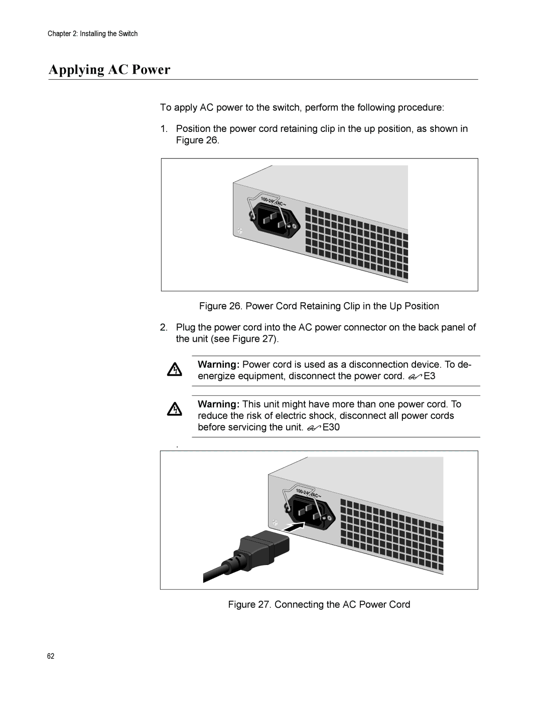 Allied Telesis AT-9424T/POE, AT-9408LC/SP manual Applying AC Power, Connecting the AC Power Cord 