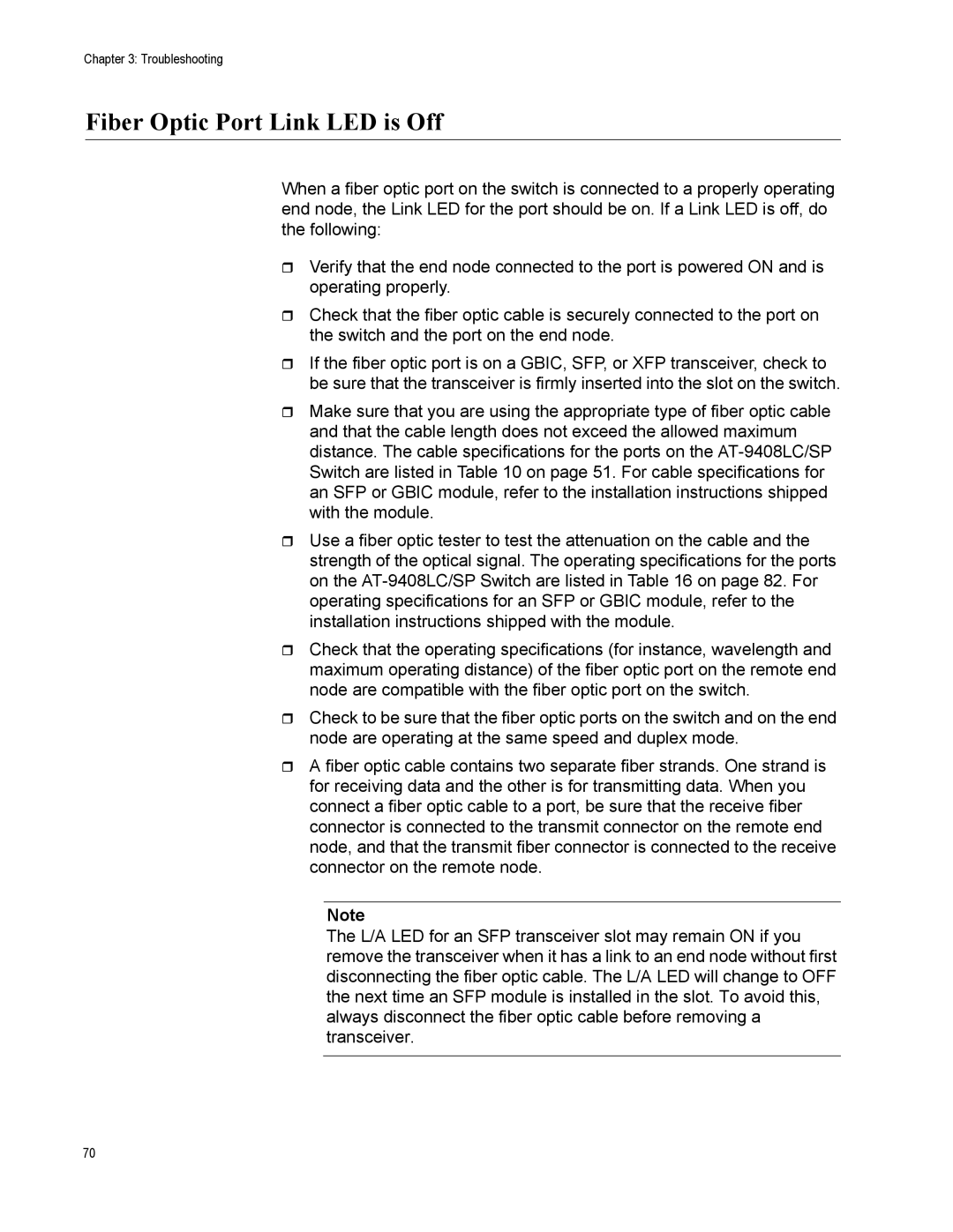 Allied Telesis AT-9424T/POE, AT-9408LC/SP manual Fiber Optic Port Link LED is Off 