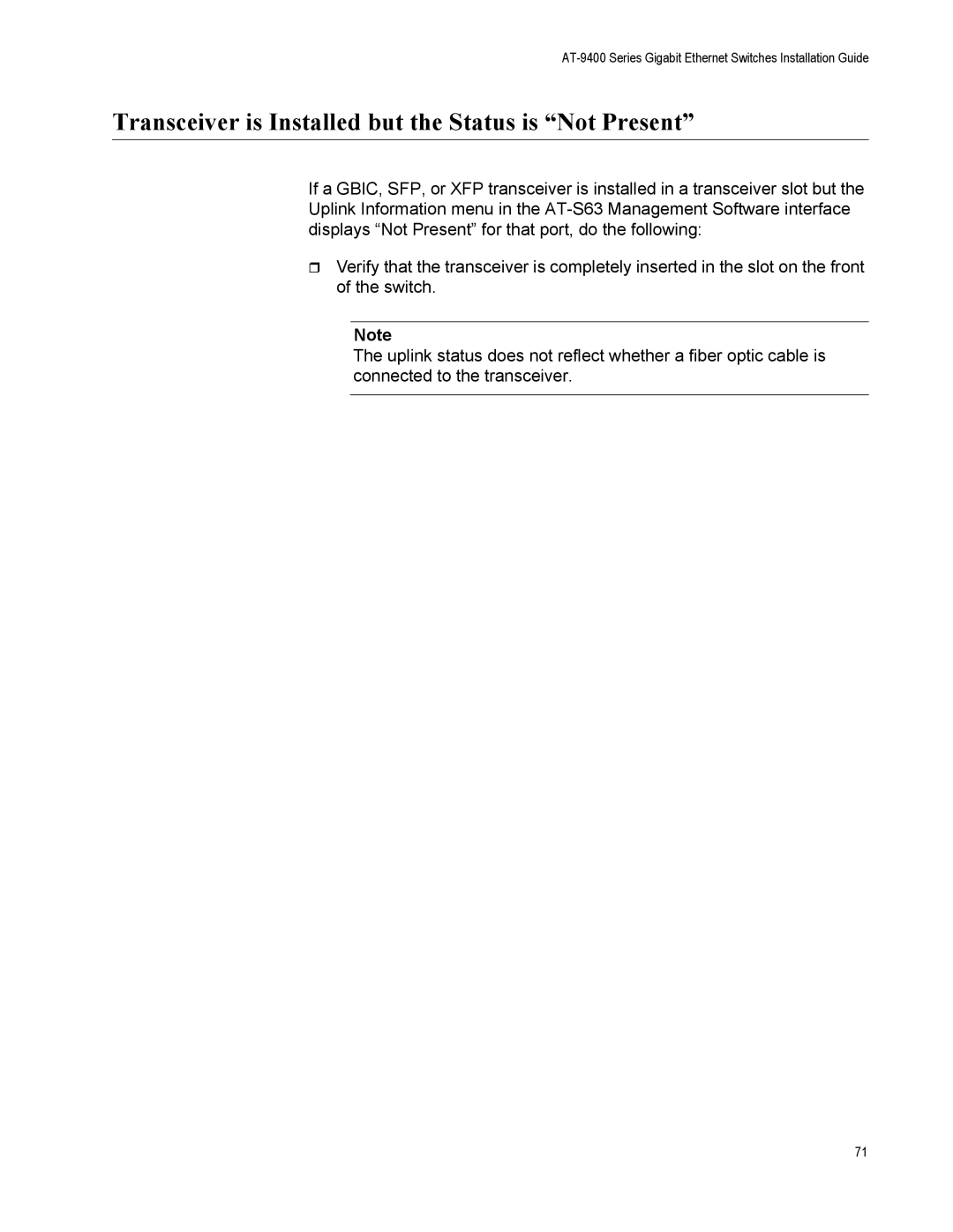 Allied Telesis AT-9408LC/SP, AT-9424T/POE manual Transceiver is Installed but the Status is Not Present 