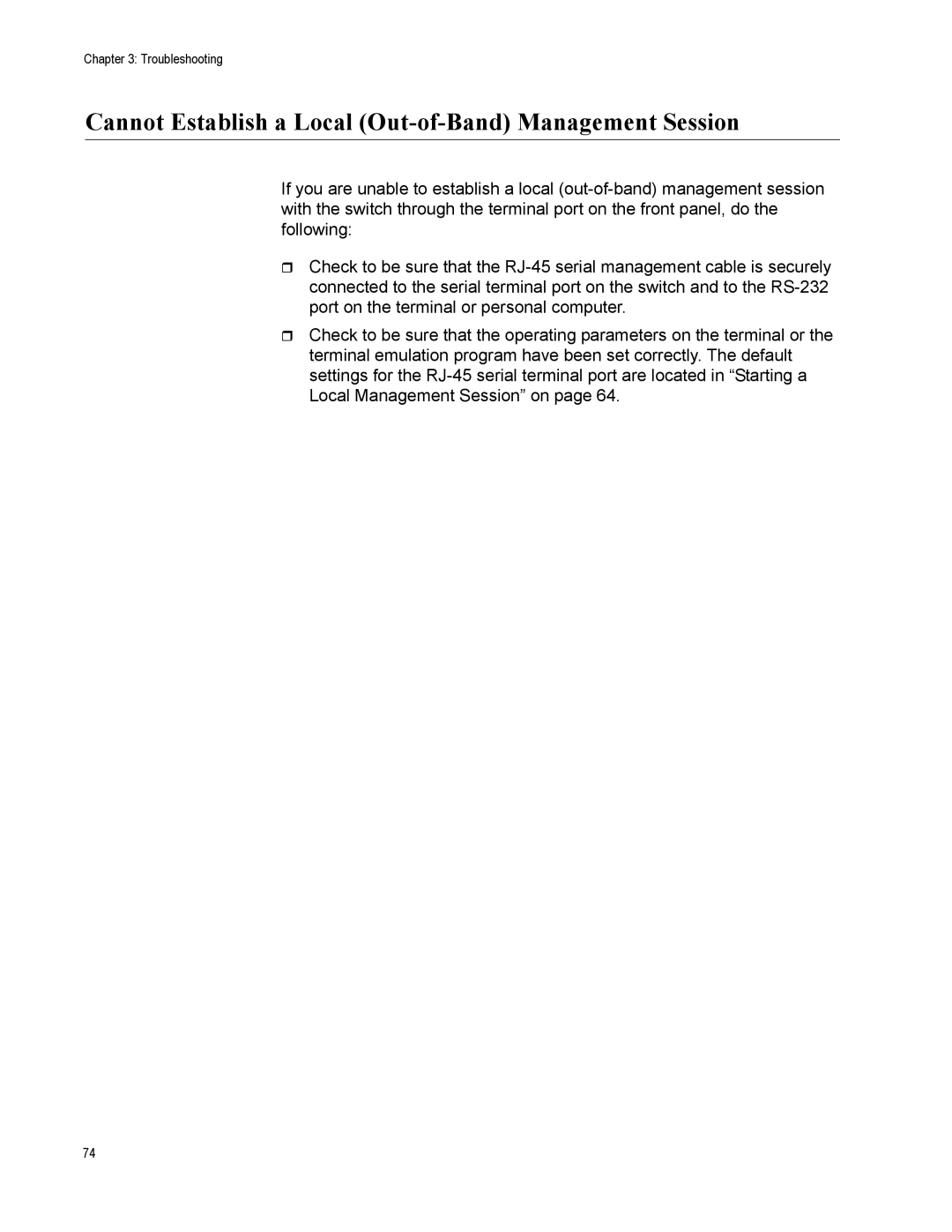 Allied Telesis AT-9424T/POE, AT-9408LC/SP manual Cannot Establish a Local Out-of-Band Management Session 