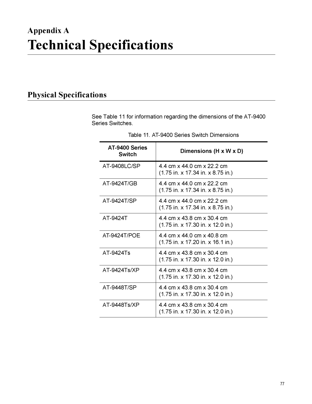 Allied Telesis AT-9408LC/SP, AT-9424T/POE Appendix a, Physical Specifications, AT-9400 Series Dimensions H x W x D Switch 