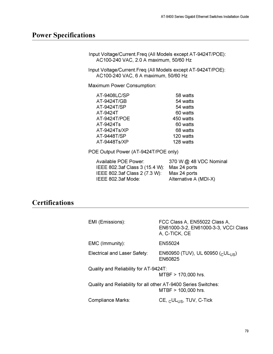 Allied Telesis AT-9408LC/SP, AT-9424T/POE manual Power Specifications, Certifications 