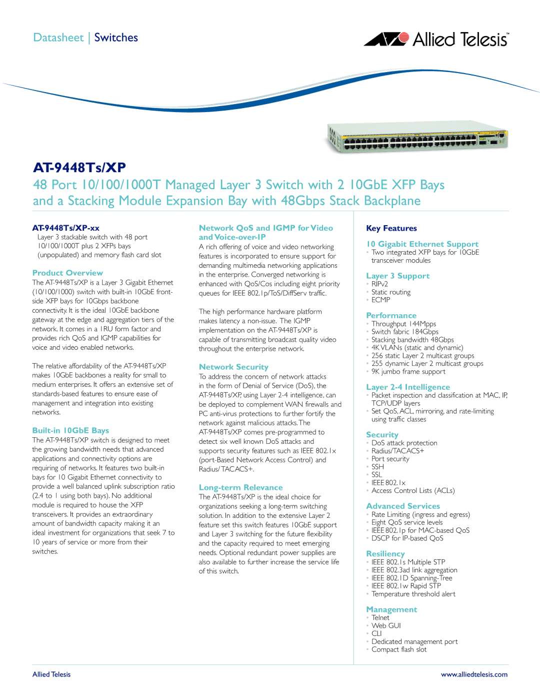 Allied Telesis AT-9448Ts/XP manual Product Overview, Built-in 10GbE Bays, Network QoS and Igmp for Video and Voice-over-IP 