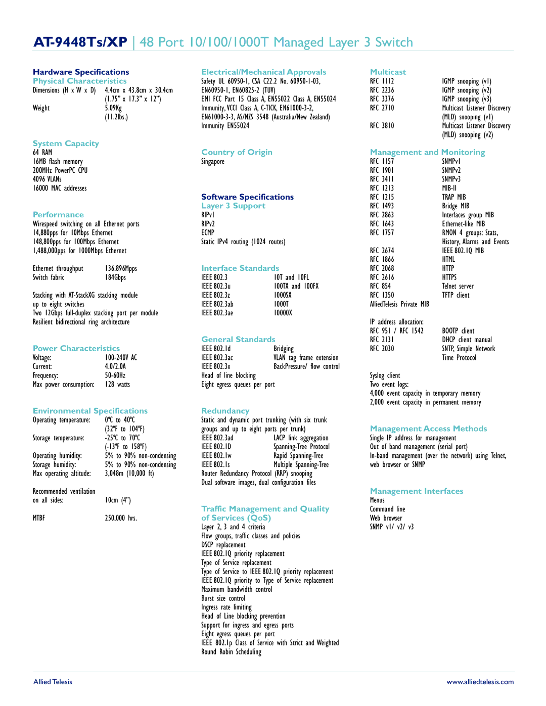 Allied Telesis AT-9448Ts/XP Physical Characteristics, System Capacity, Environmental Specifications, Country of Origin 