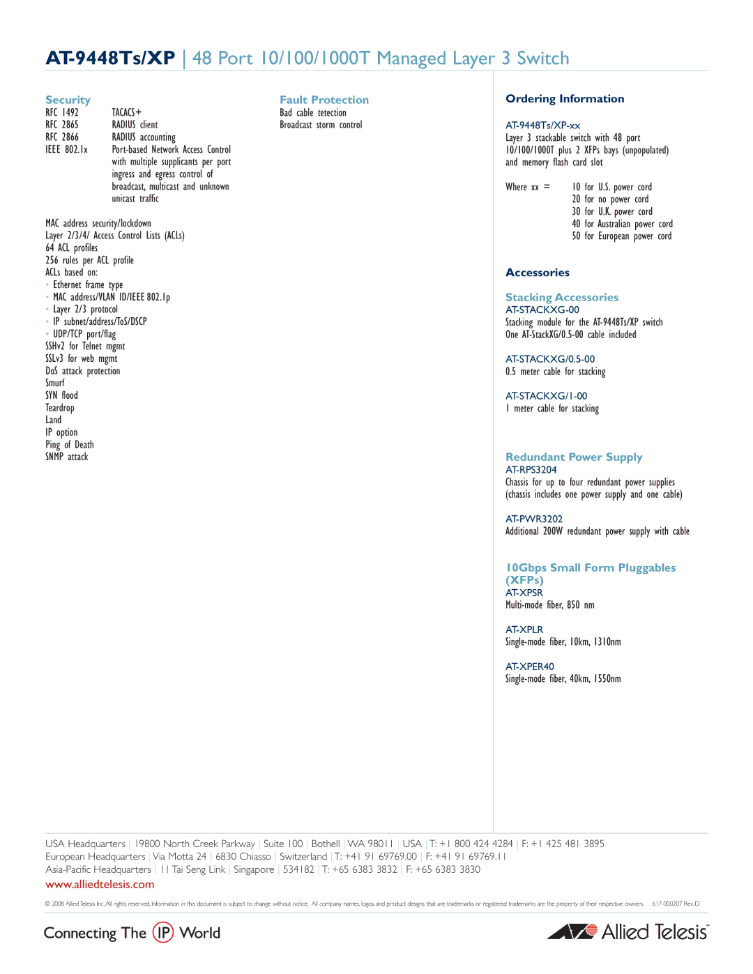 Allied Telesis AT-9448Ts/XP manual Stacking Accessories, Redundant Power Supply, 10Gbps Small Form Pluggables XFPs 