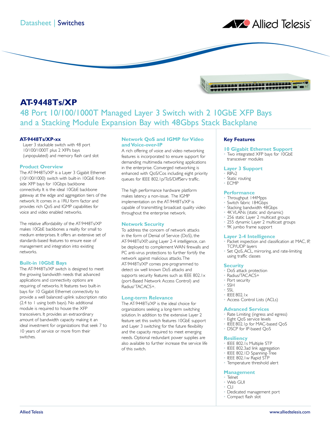 Allied Telesis manual AT-9448Ts/XP-xx, Key Features, Datasheet Switches 