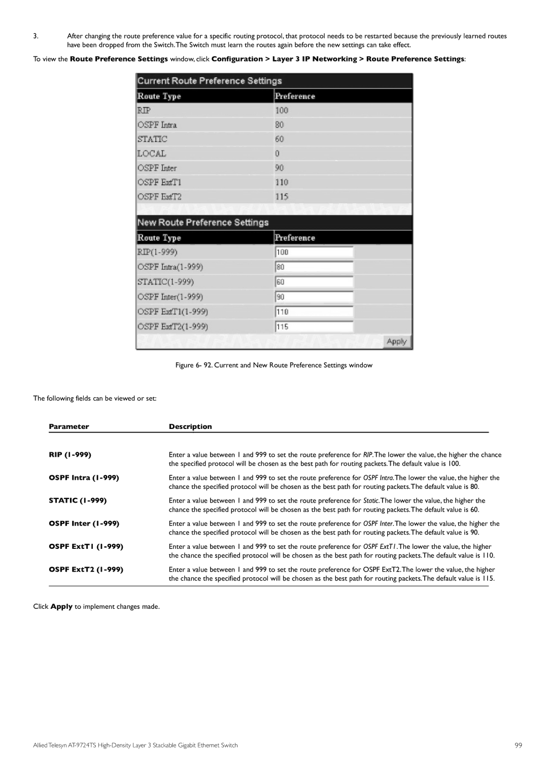 Allied Telesis AT-9724TS specifications Parameter Description RIP, Ospf Intra, Static, Ospf Inter, Ospf ExtT1, Ospf ExtT2 