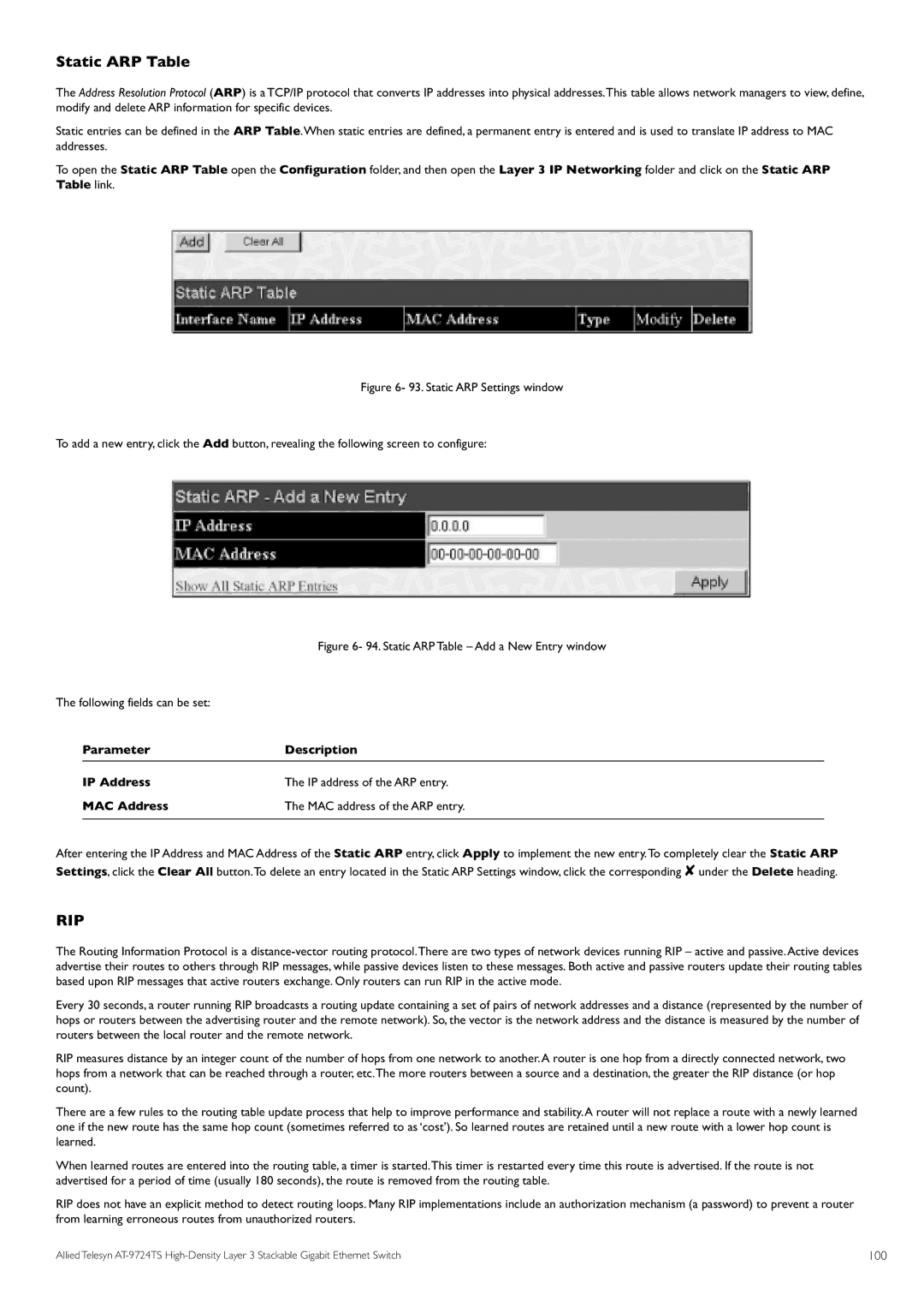 Allied Telesis AT-9724TS specifications Static ARP Table, Parameter Description IP Address, IP address of the ARP entry 