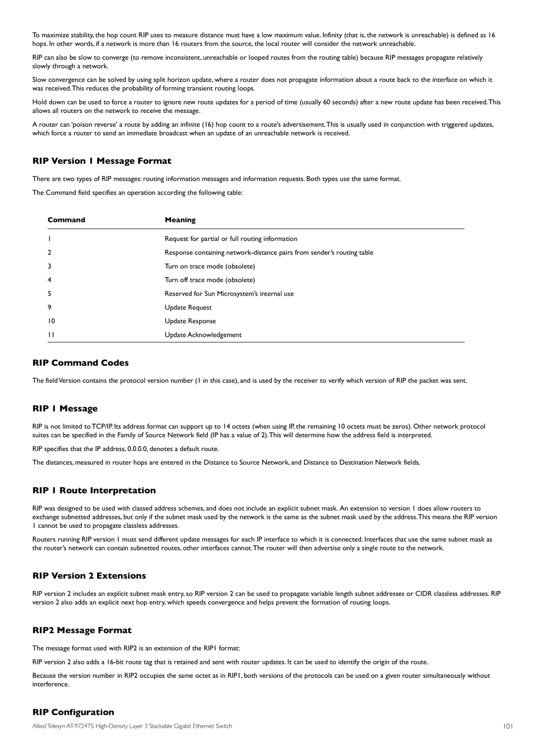 Allied Telesis AT-9724TS RIP Version 1 Message Format, RIP Command Codes, RIP 1 Message, RIP 1 Route Interpretation 