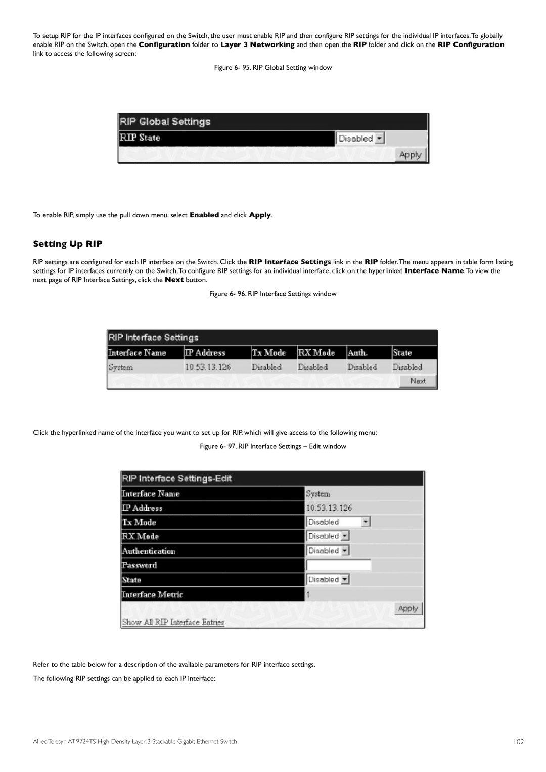 Allied Telesis AT-9724TS specifications Setting Up RIP, 102 