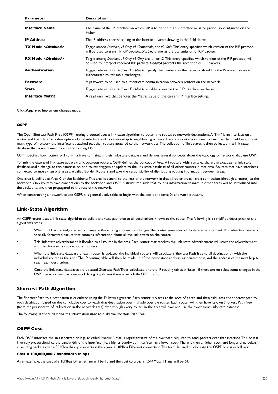 Allied Telesis AT-9724TS specifications Link-State Algorithm, Shortest Path Algorithm, Ospf Cost 
