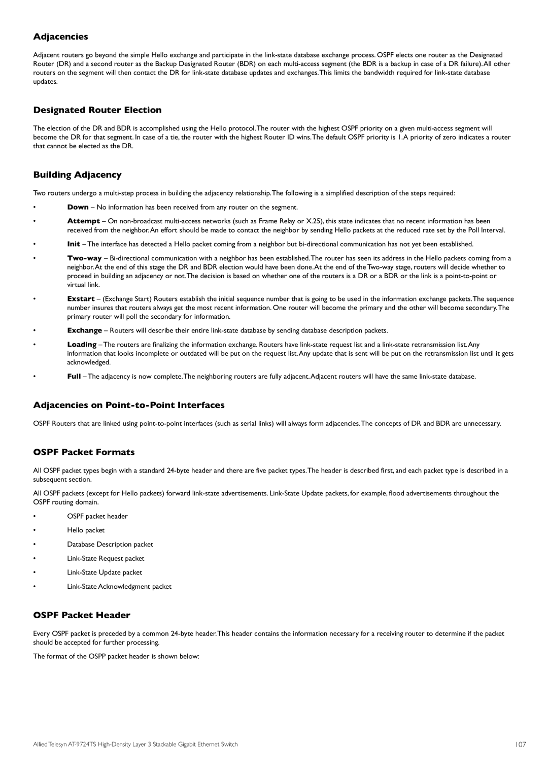 Allied Telesis AT-9724TS specifications Adjacencies, Designated Router Election, Building Adjacency, Ospf Packet Formats 