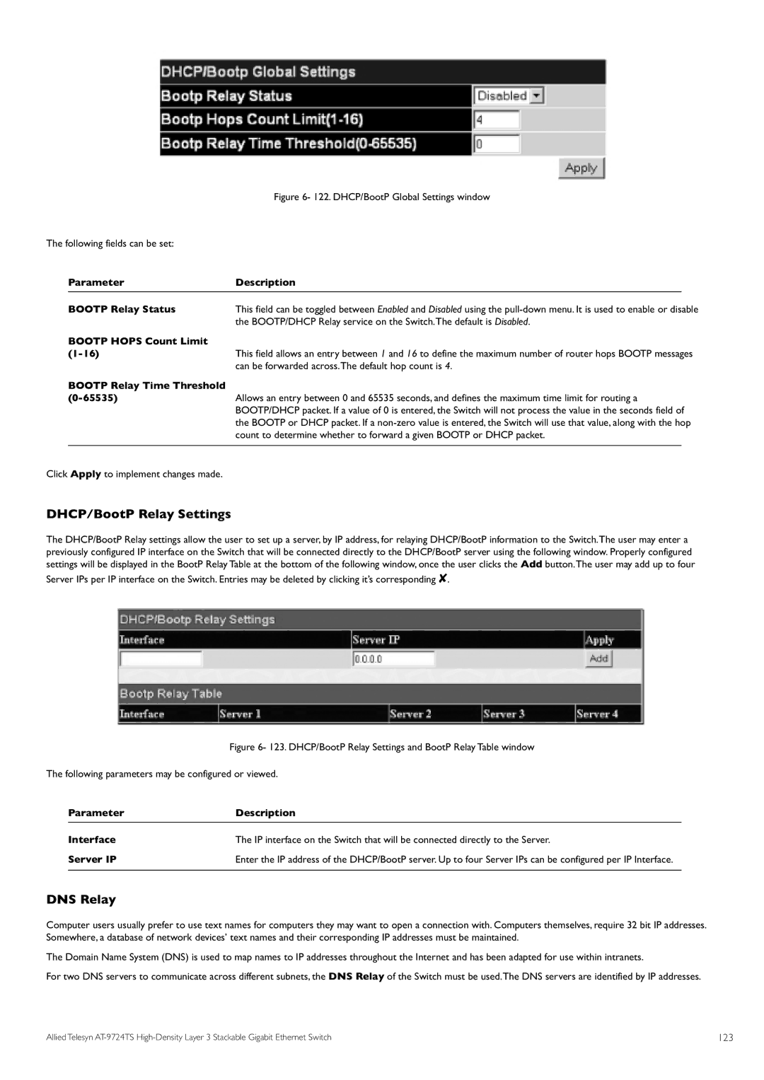 Allied Telesis AT-9724TS specifications DHCP/BootP Relay Settings, DNS Relay 