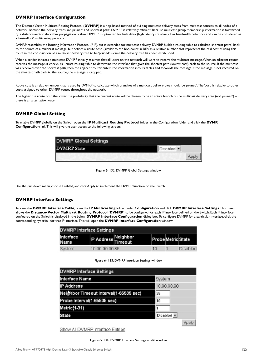 Allied Telesis AT-9724TS specifications Dvmrp Interface Configuration, Dvmrp Global Setting, Dvmrp Interface Settings, 130 