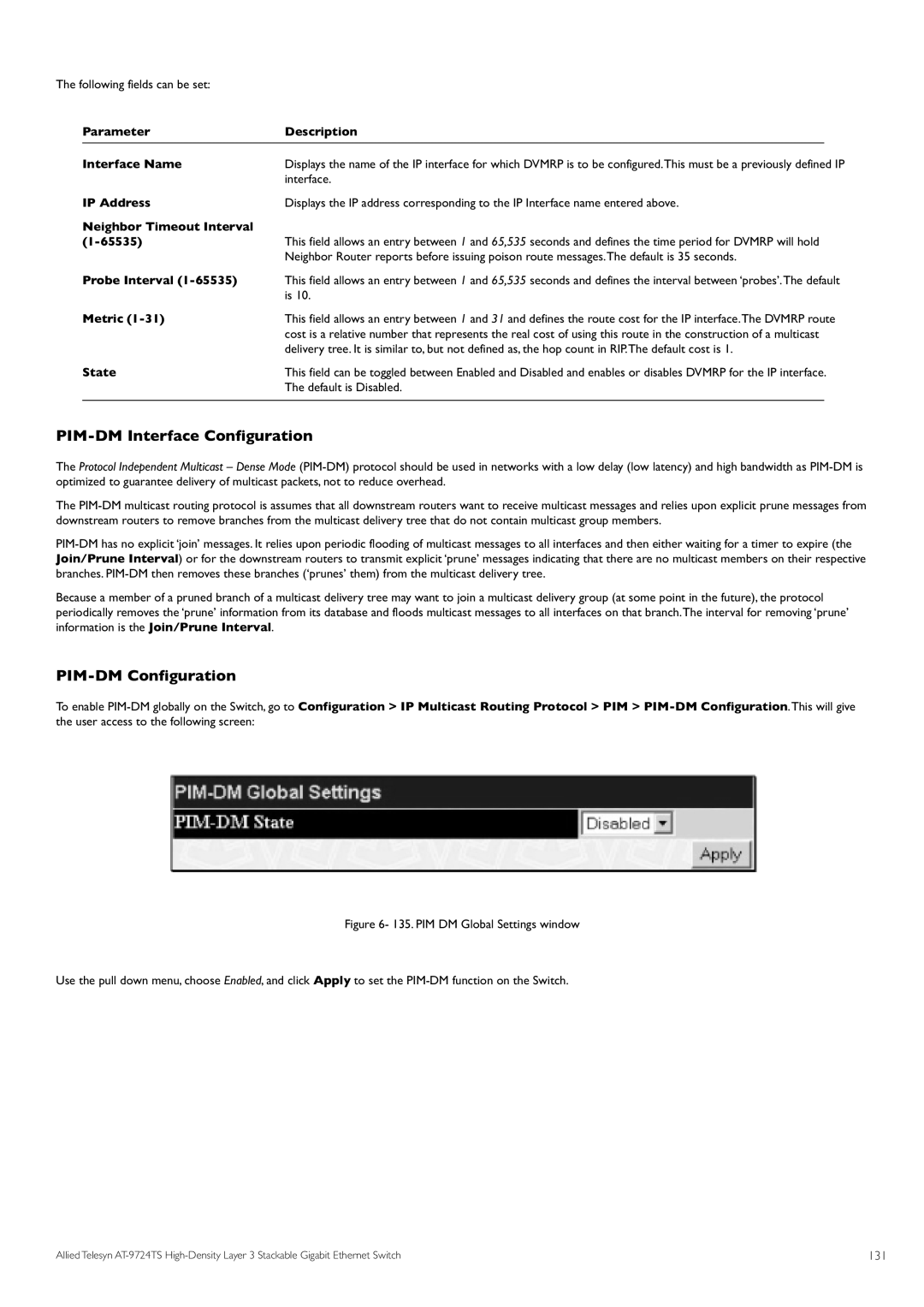 Allied Telesis AT-9724TS PIM-DM Interface Configuration, PIM-DM Configuration, Neighbor Timeout Interval, Probe Interval 