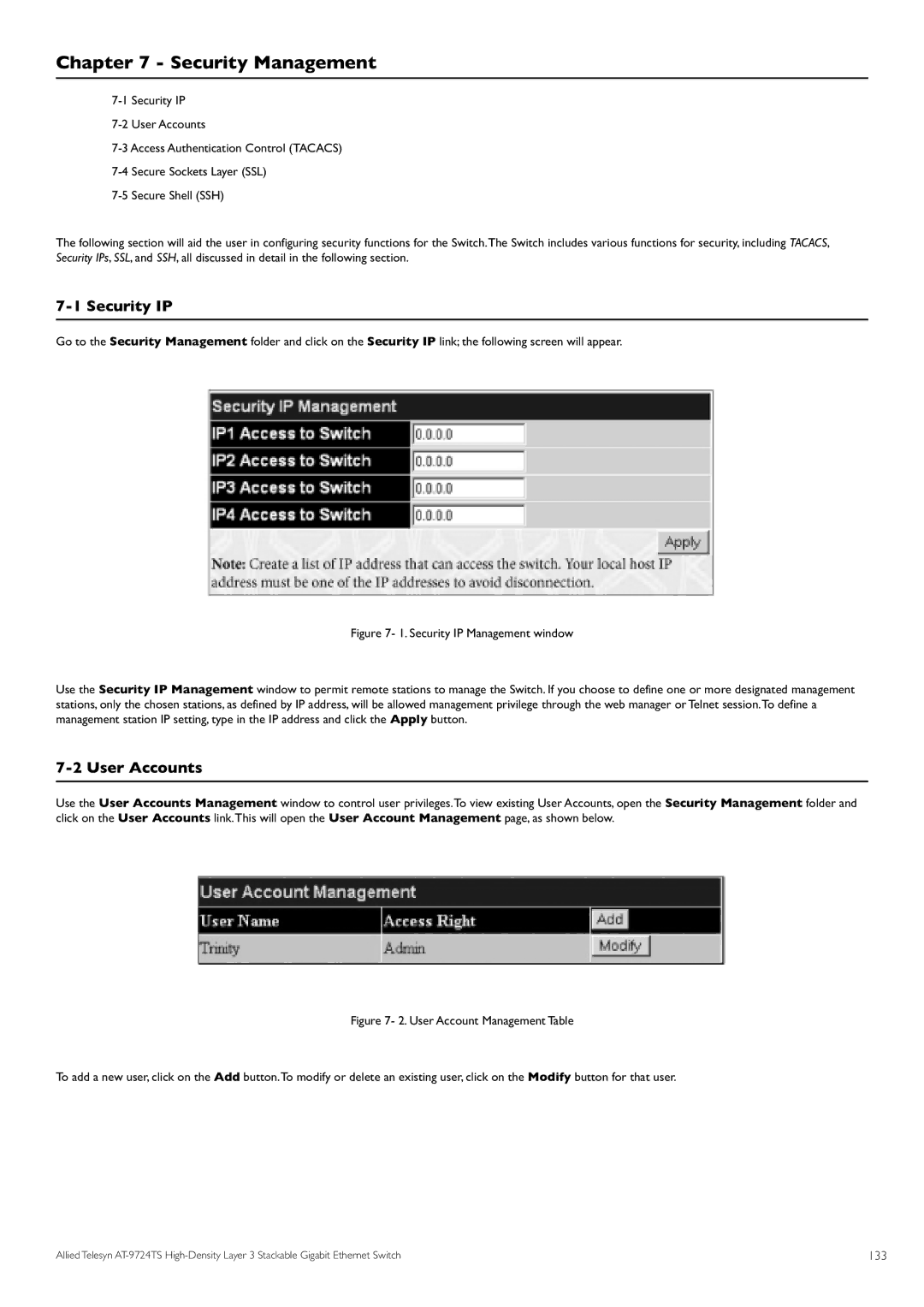 Allied Telesis AT-9724TS specifications Security Management, Security IP, User Accounts, 133 