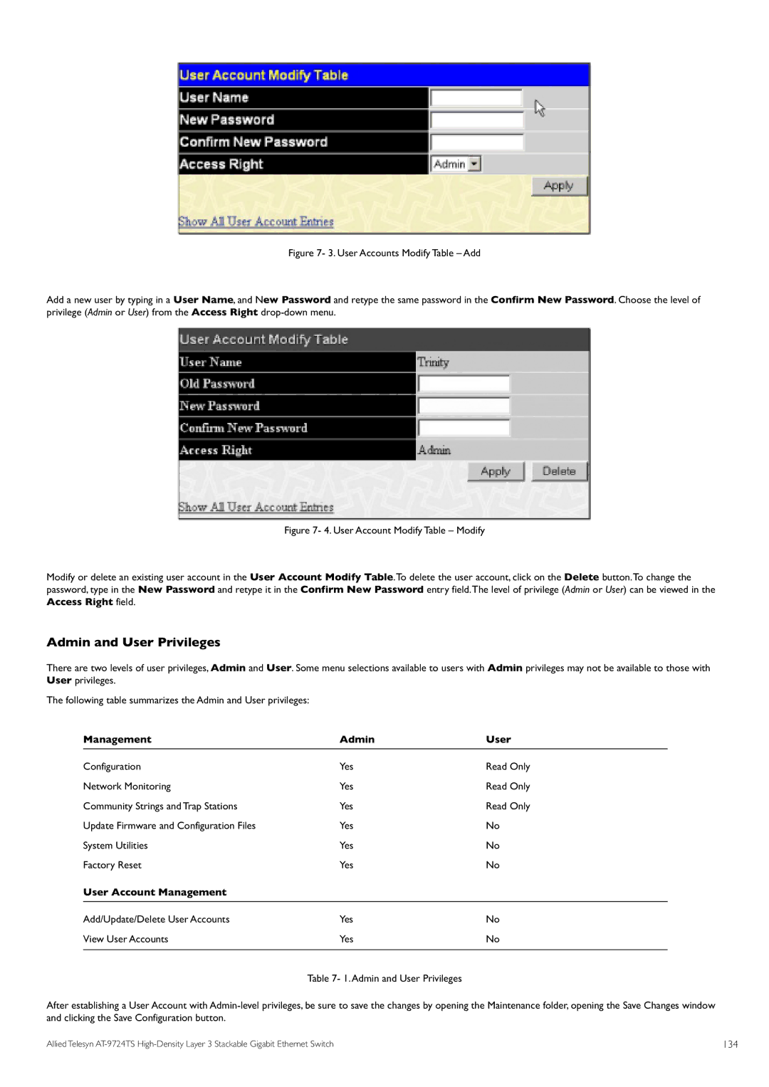 Allied Telesis AT-9724TS specifications Admin and User Privileges, Management Admin User, User Account Management, 134 