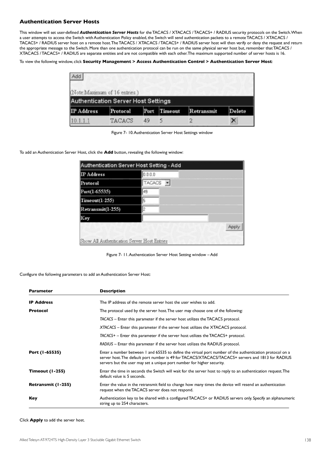 Allied Telesis AT-9724TS specifications Authentication Server Hosts, Timeout, Retransmit 