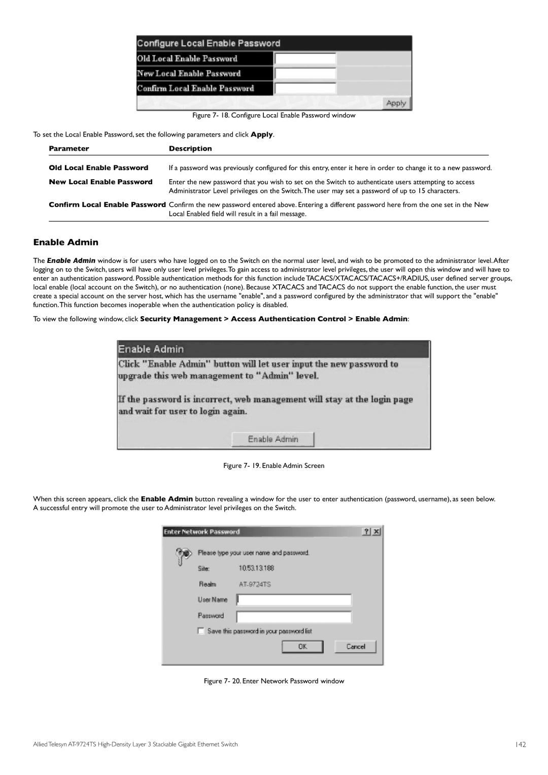 Allied Telesis AT-9724TS Enable Admin, ParameterDescription, Local Enabled field will result in a fail message, 142 