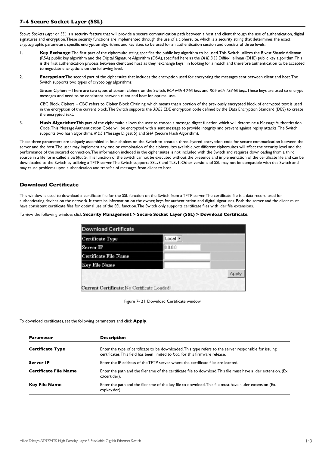 Allied Telesis AT-9724TS Secure Socket Layer SSL, Download Certificate, Parameter Description Certificate Type, Pkey.der 