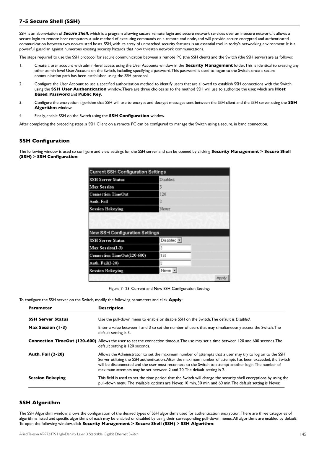 Allied Telesis AT-9724TS specifications Secure Shell SSH, SSH Configuration, SSH Algorithm 