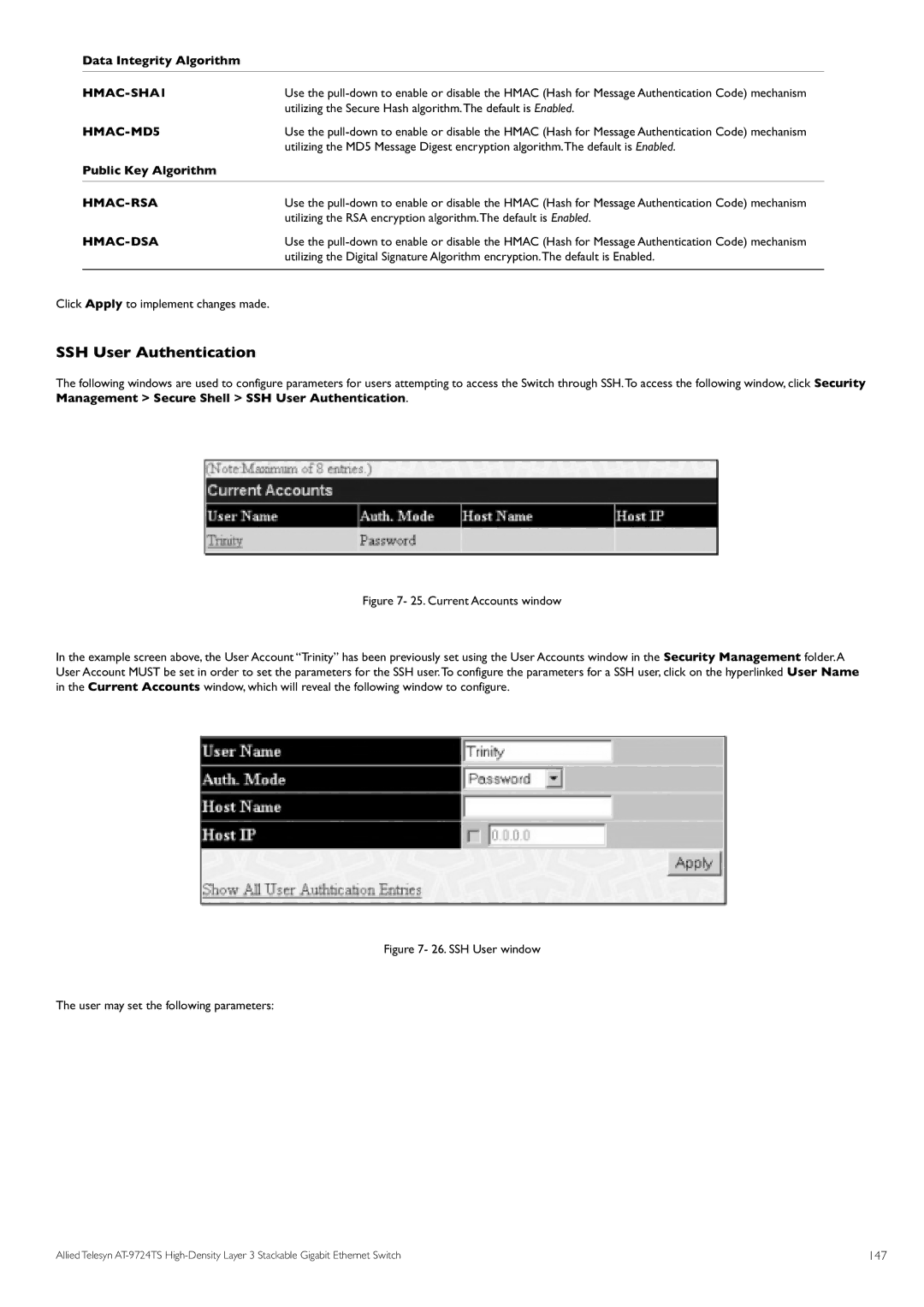 Allied Telesis AT-9724TS specifications SSH User Authentication, HMAC-SHA1, HMAC-MD5, Hmac-Rsa, Hmac-Dsa 