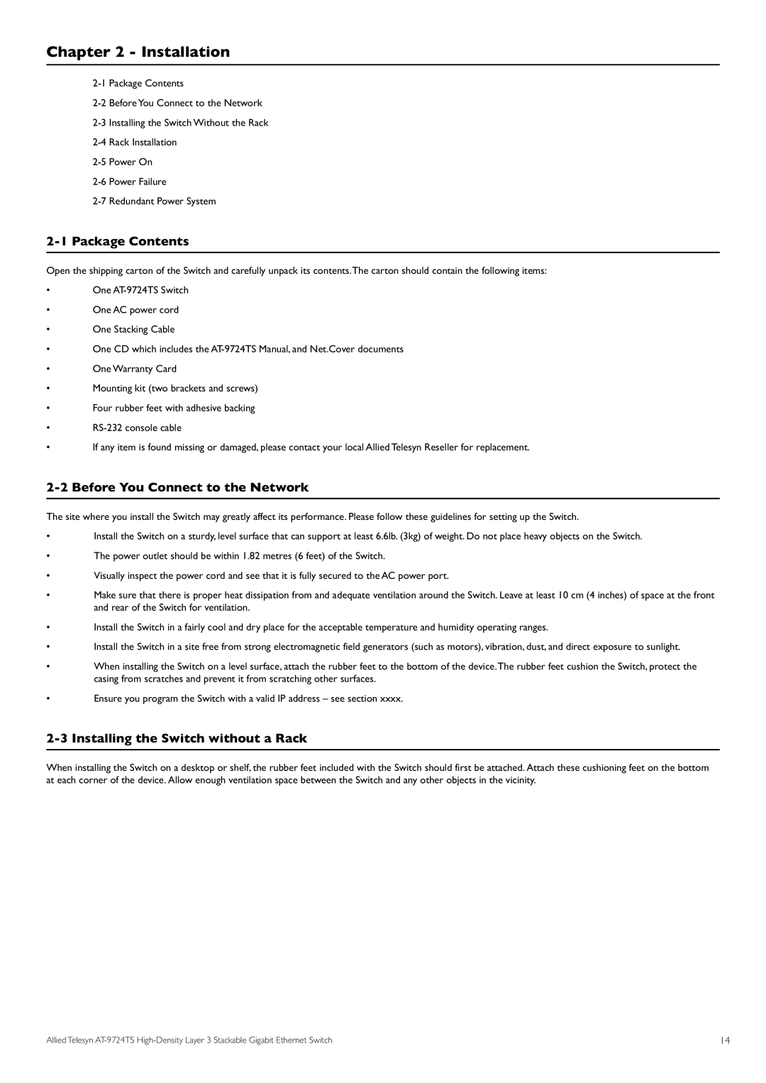 Allied Telesis AT-9724TS specifications Installation, Package Contents, Before You Connect to the Network 