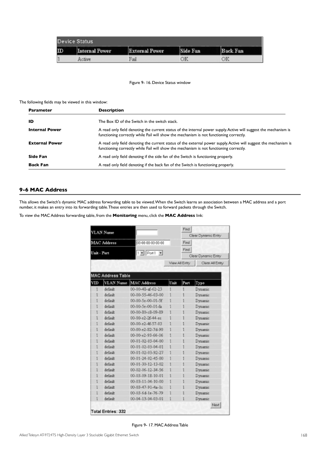 Allied Telesis AT-9724TS specifications MAC Address, 168 