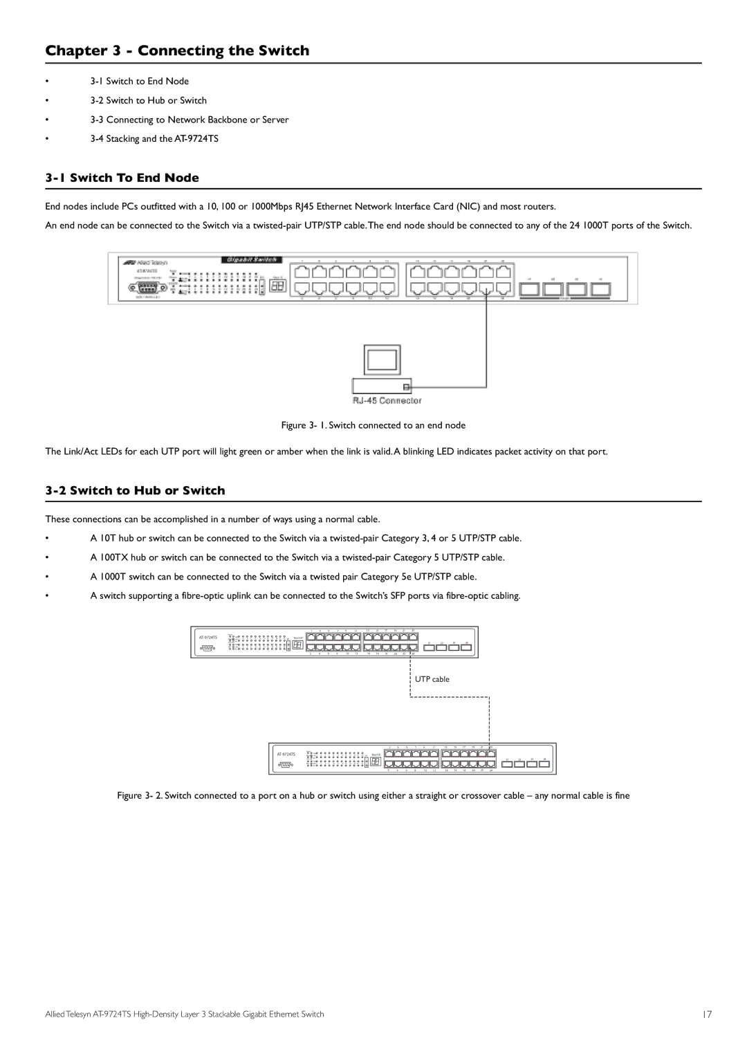 Allied Telesis AT-9724TS specifications Connecting the Switch, Switch To End Node, Switch to Hub or Switch 