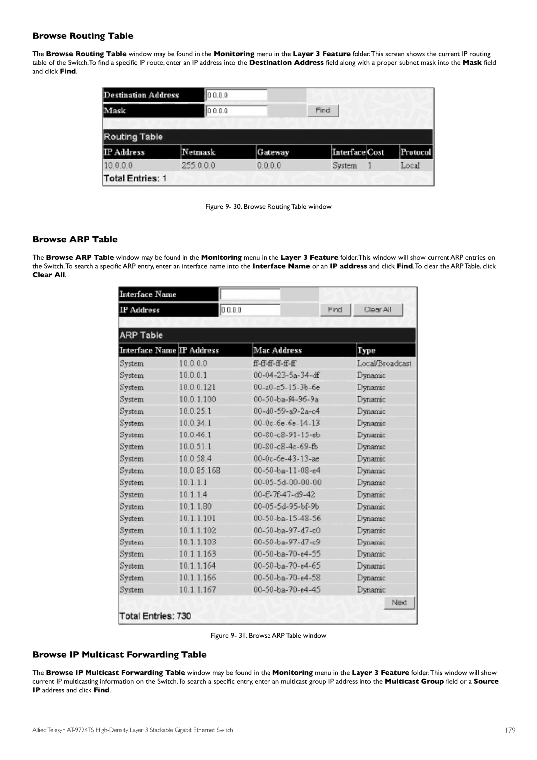 Allied Telesis AT-9724TS specifications Browse Routing Table, Browse ARP Table, Browse IP Multicast Forwarding Table, 179 