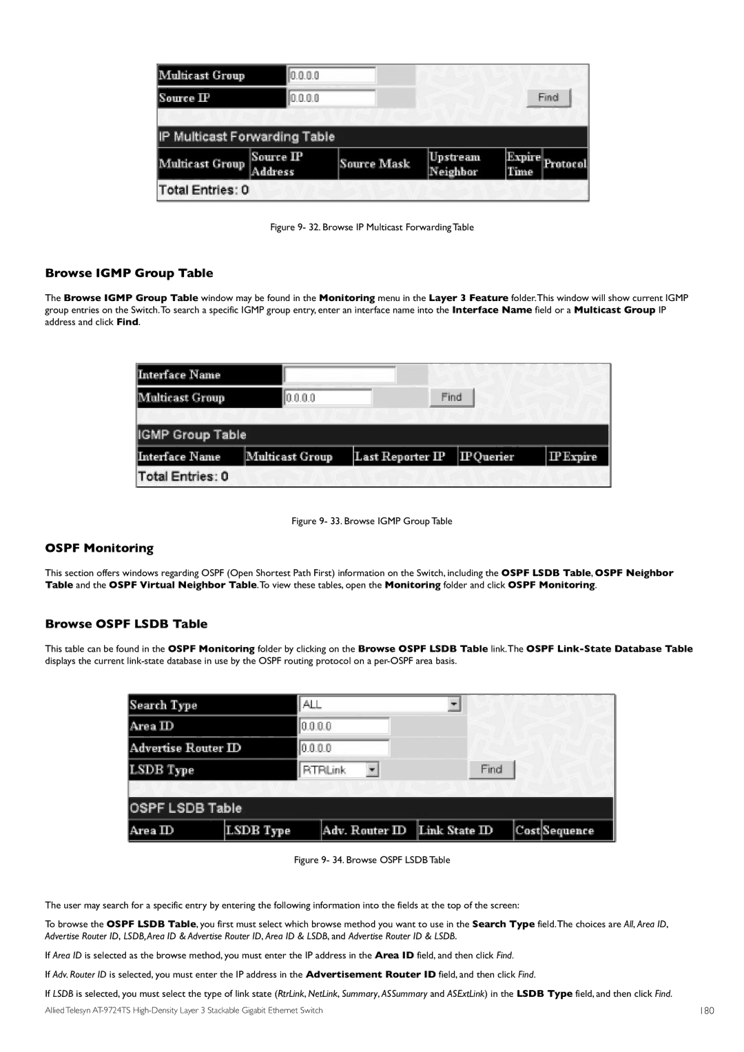 Allied Telesis AT-9724TS specifications Browse Igmp Group Table, Ospf Monitoring, Browse Ospf Lsdb Table, 180 