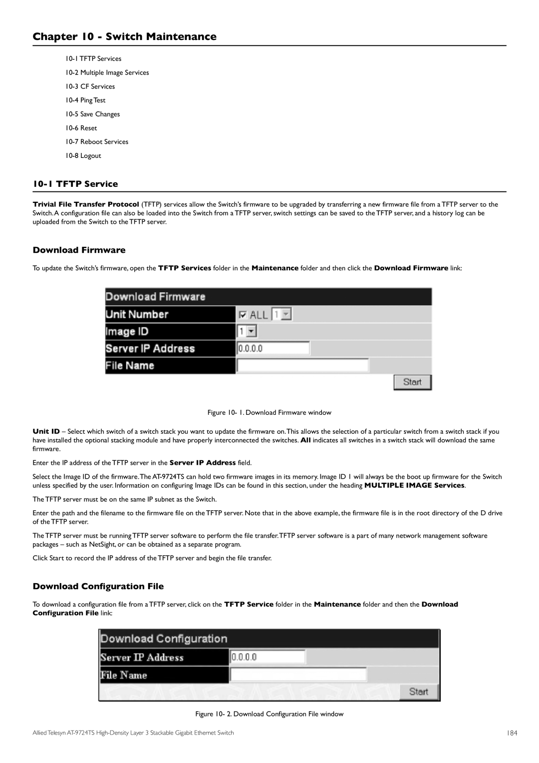 Allied Telesis AT-9724TS Switch Maintenance, Tftp Service, Download Firmware, Download Configuration File, 184 