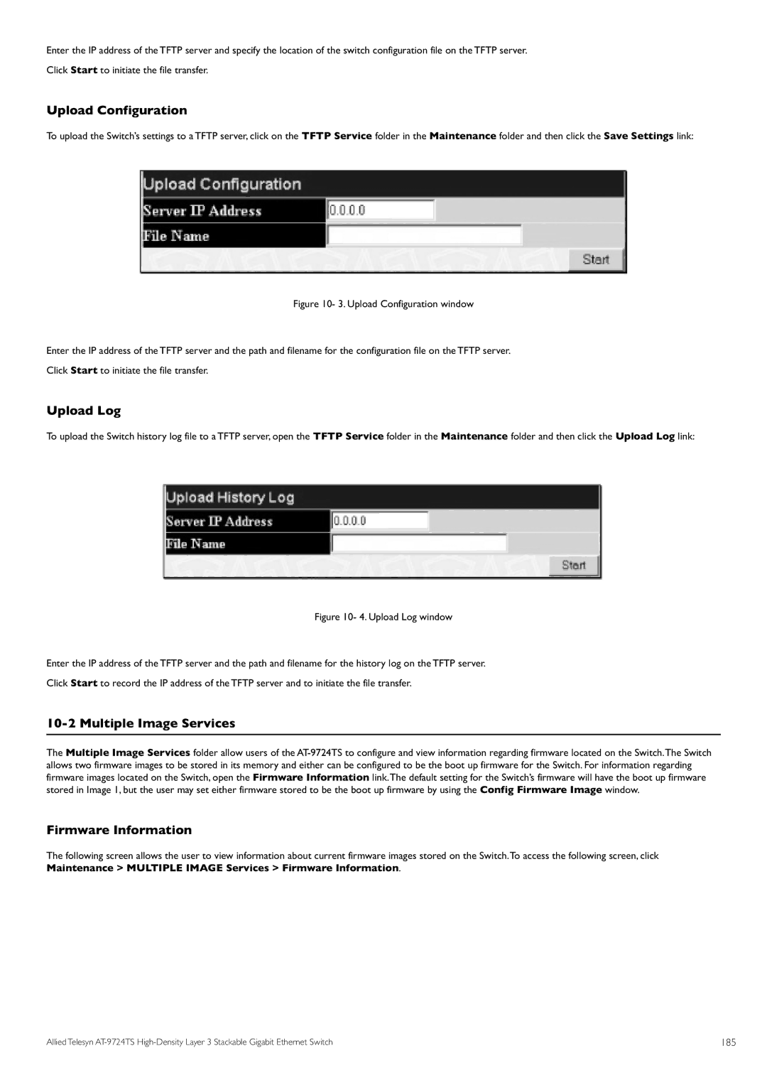 Allied Telesis AT-9724TS Upload Configuration, Upload Log, Multiple Image Services, Firmware Information, 185 