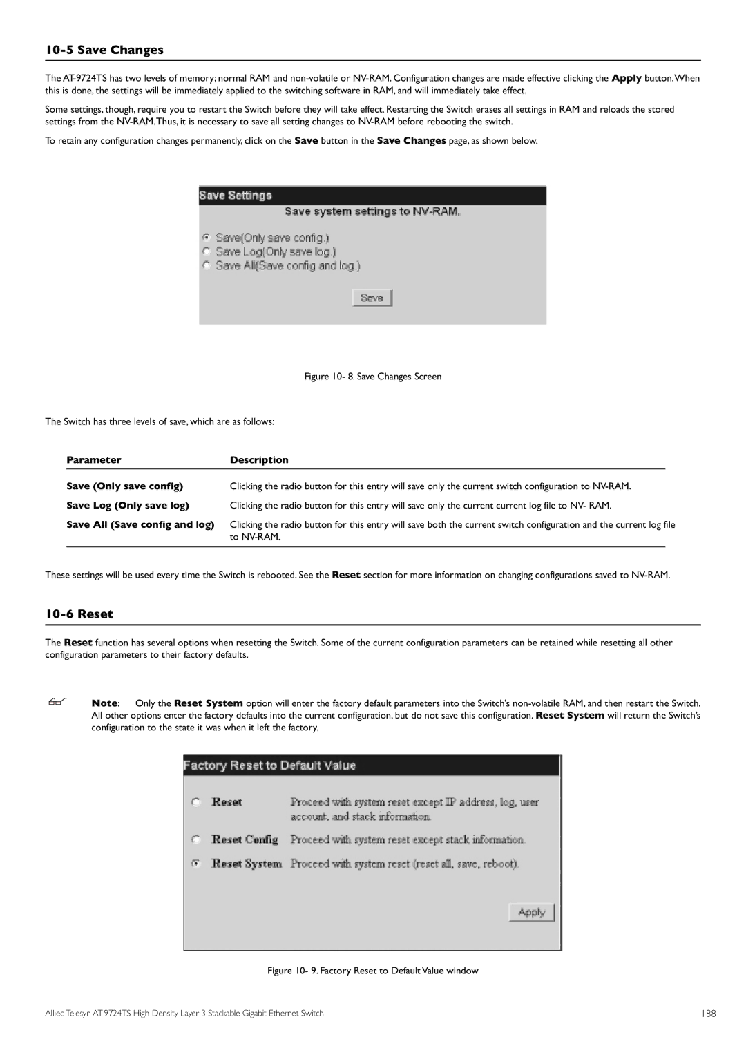 Allied Telesis AT-9724TS specifications Save Changes, Reset, Parameter Description Save Only save config, 188 