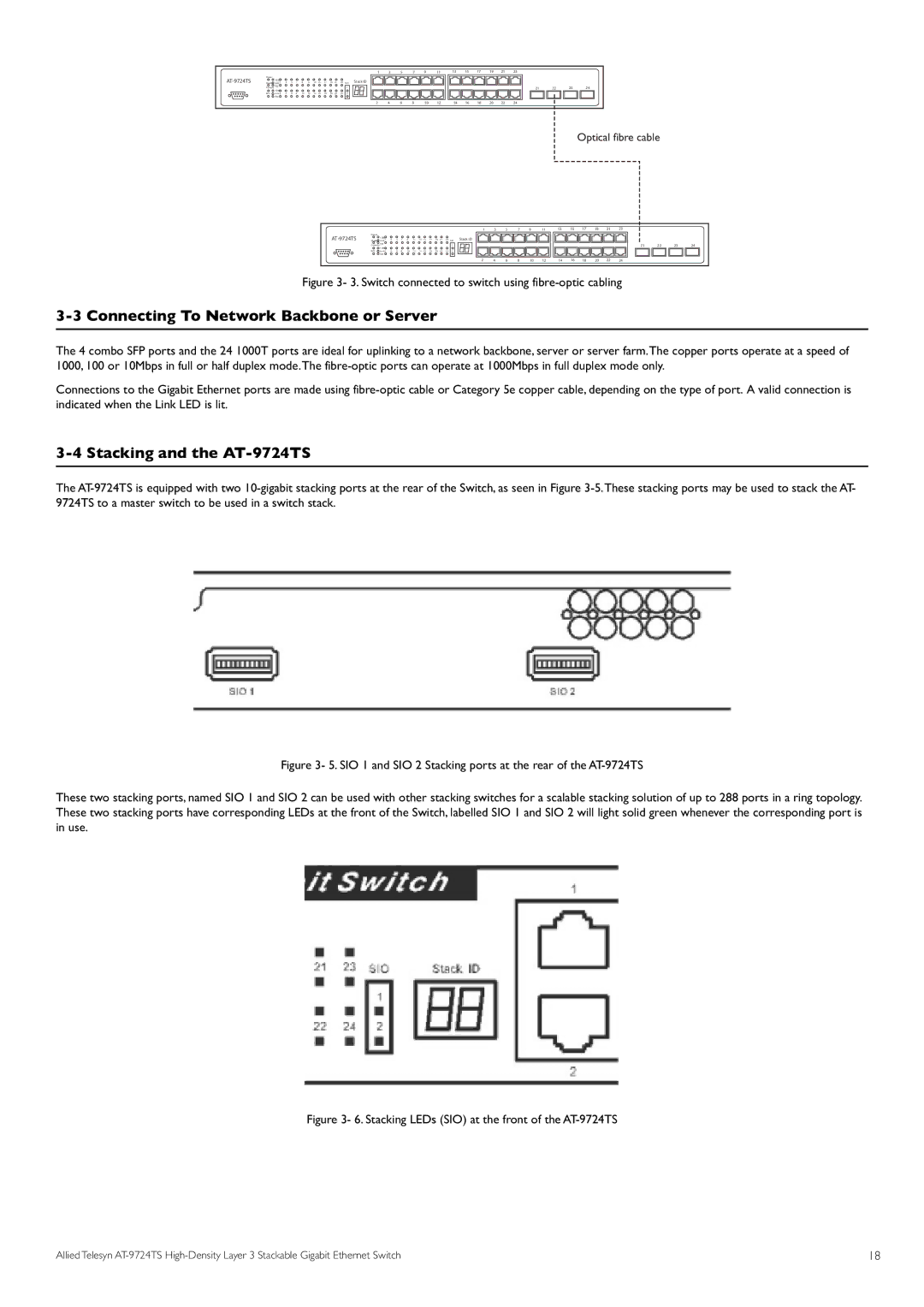 Allied Telesis specifications Connecting To Network Backbone or Server, Stacking and the AT-9724TS 