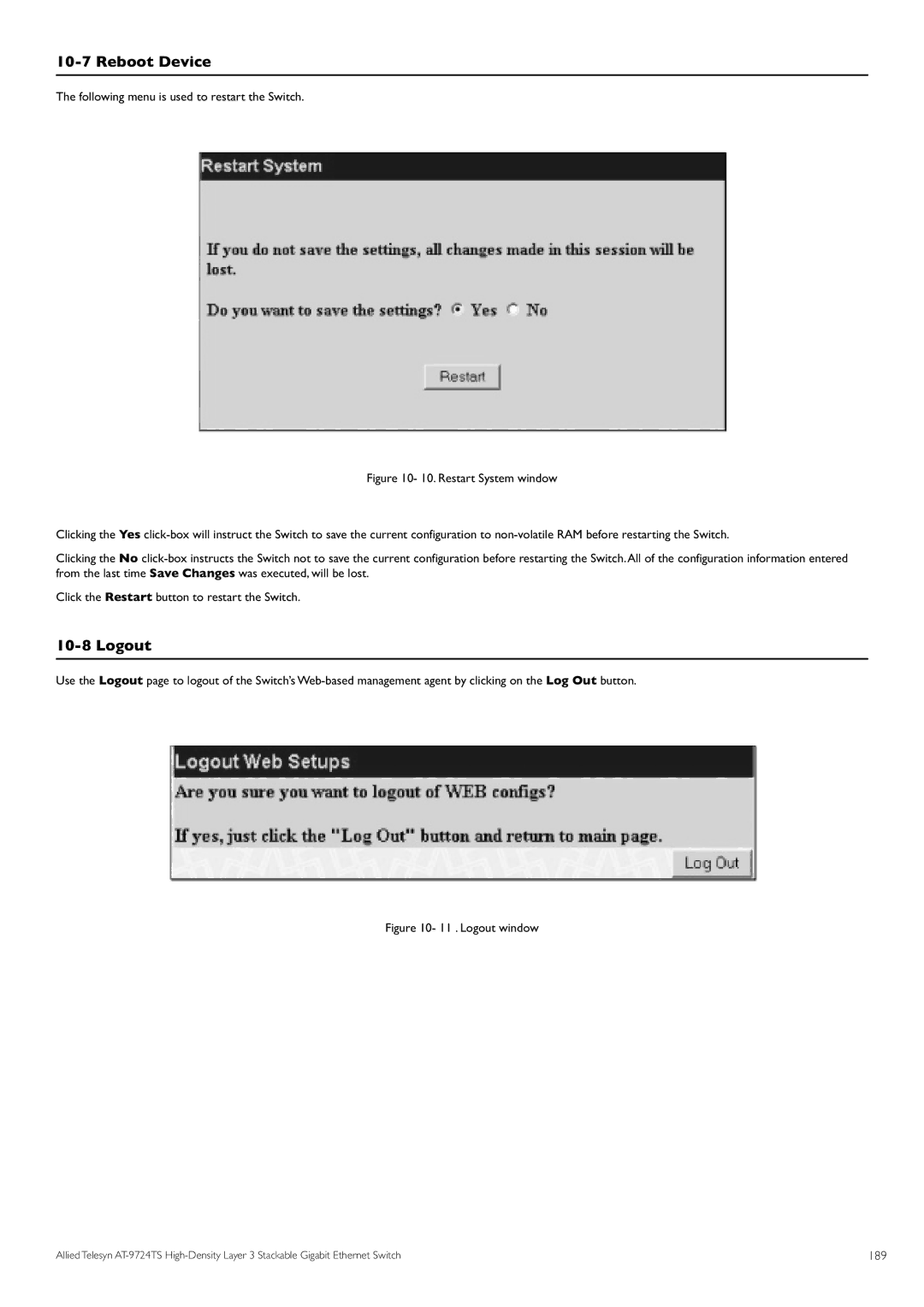 Allied Telesis AT-9724TS specifications Reboot Device, Logout, Following menu is used to restart the Switch, 189 