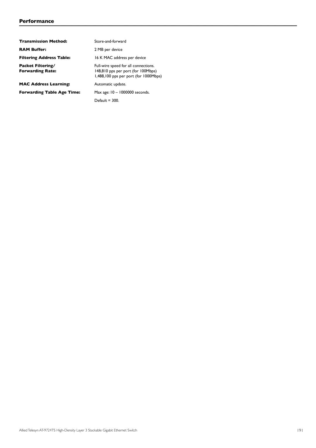 Allied Telesis AT-9724TS specifications Performance, 191 