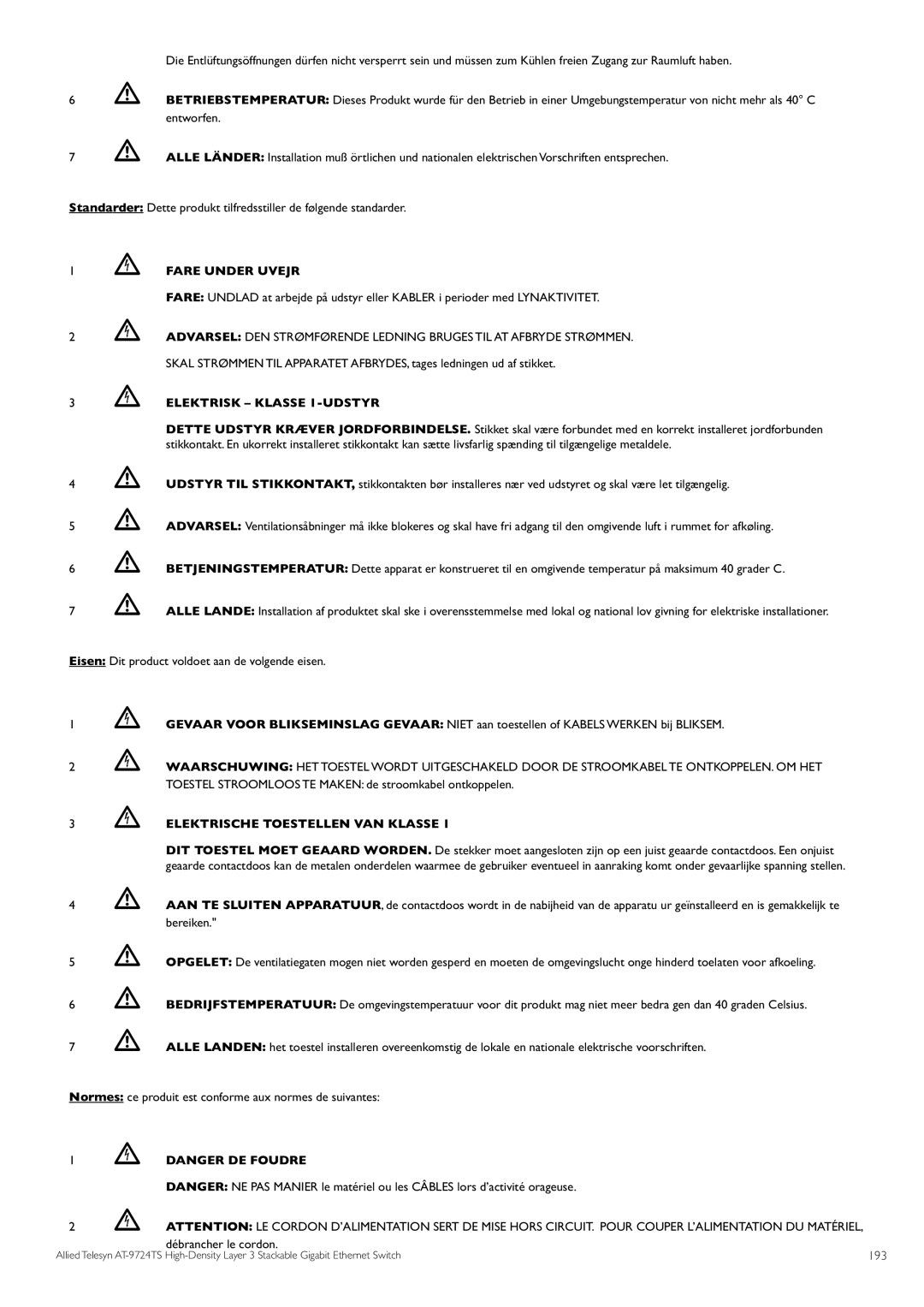 Allied Telesis AT-9724TS specifications Fare Under Uvejr, Elektrisk Klasse 1-UDSTYR, Elektrische Toestellen VAN Klasse 