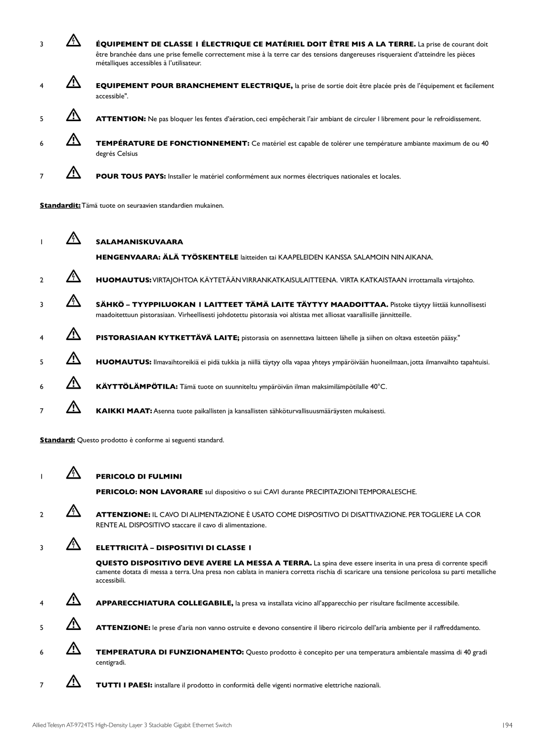 Allied Telesis AT-9724TS specifications Métalliques accessibles à l’utilisateur, Salamaniskuvaara, Pericolo DI Fulmini, 194 