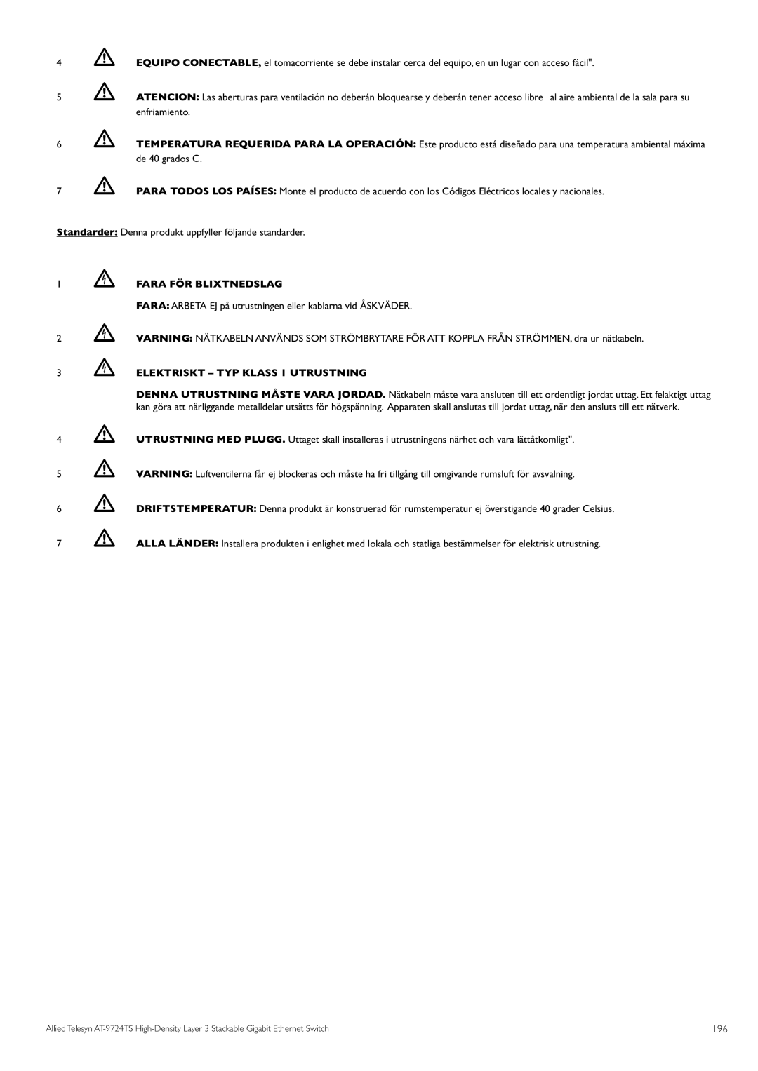 Allied Telesis AT-9724TS specifications Fara FÖR Blixtnedslag, Elektriskt TYP Klass 1 Utrustning, 196 