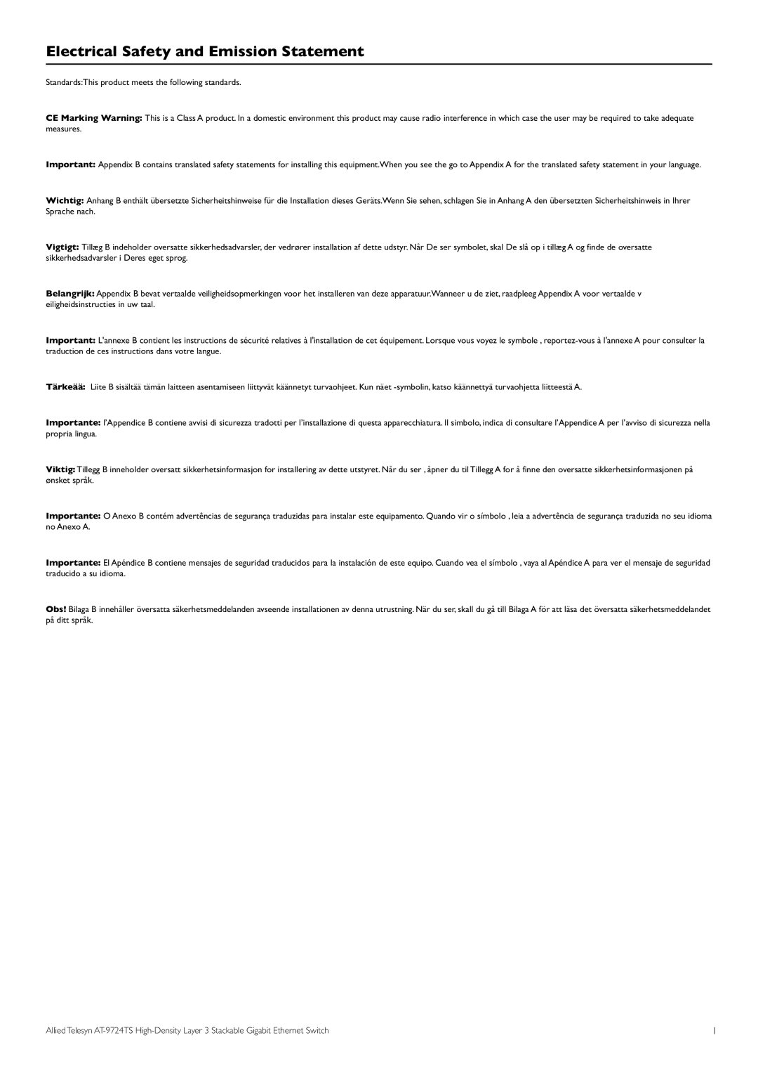 Allied Telesis AT-9724TS specifications Electrical Safety and Emission Statement 