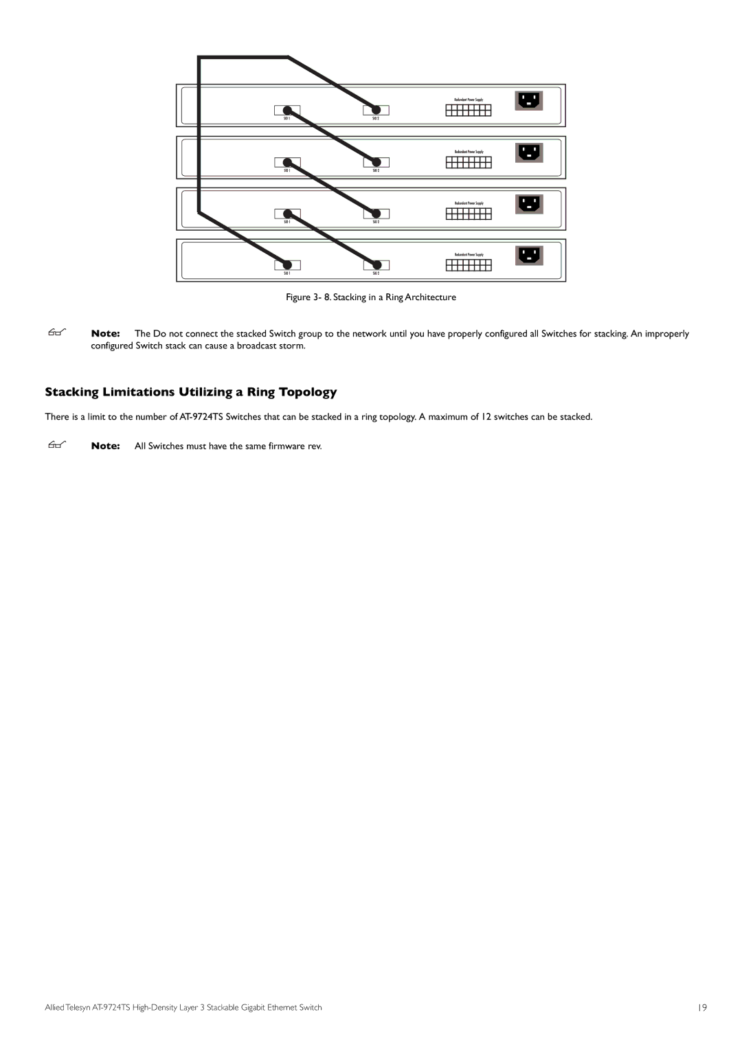 Allied Telesis AT-9724TS specifications Stacking Limitations Utilizing a Ring Topology, Stacking in a Ring Architecture 