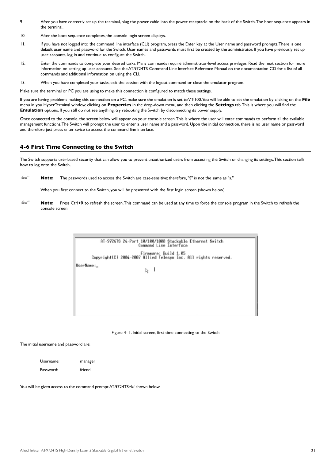 Allied Telesis AT-9724TS specifications First Time Connecting to the Switch 