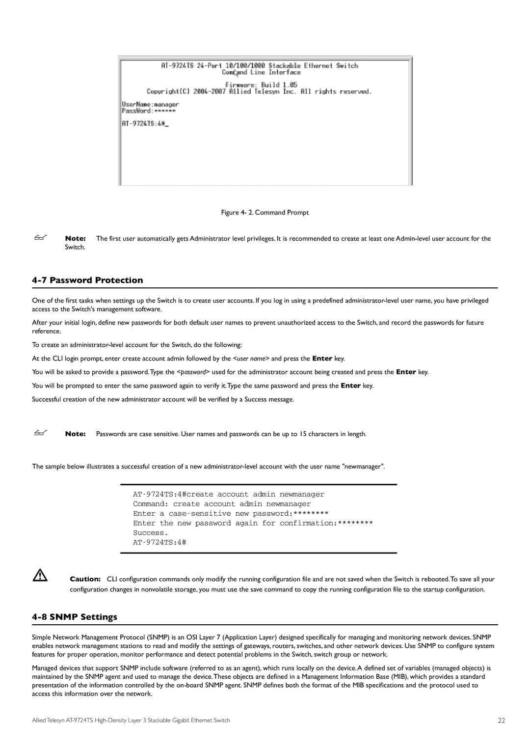 Allied Telesis AT-9724TS specifications Password Protection, Snmp Settings 