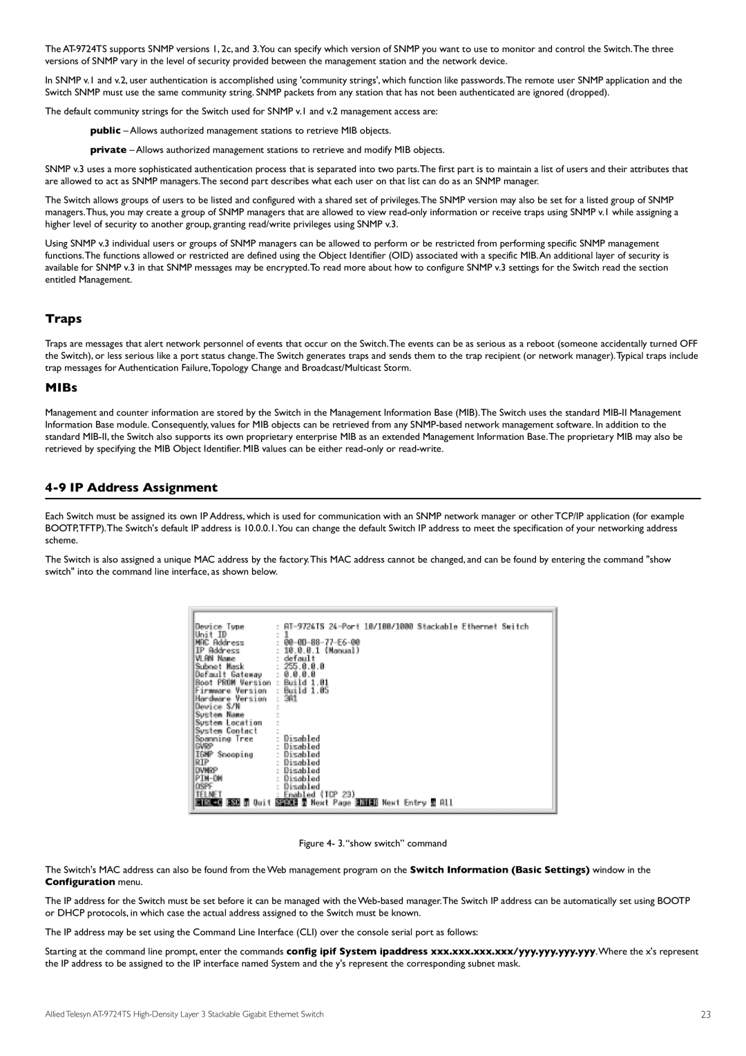 Allied Telesis AT-9724TS specifications Traps, MIBs, IP Address Assignment 