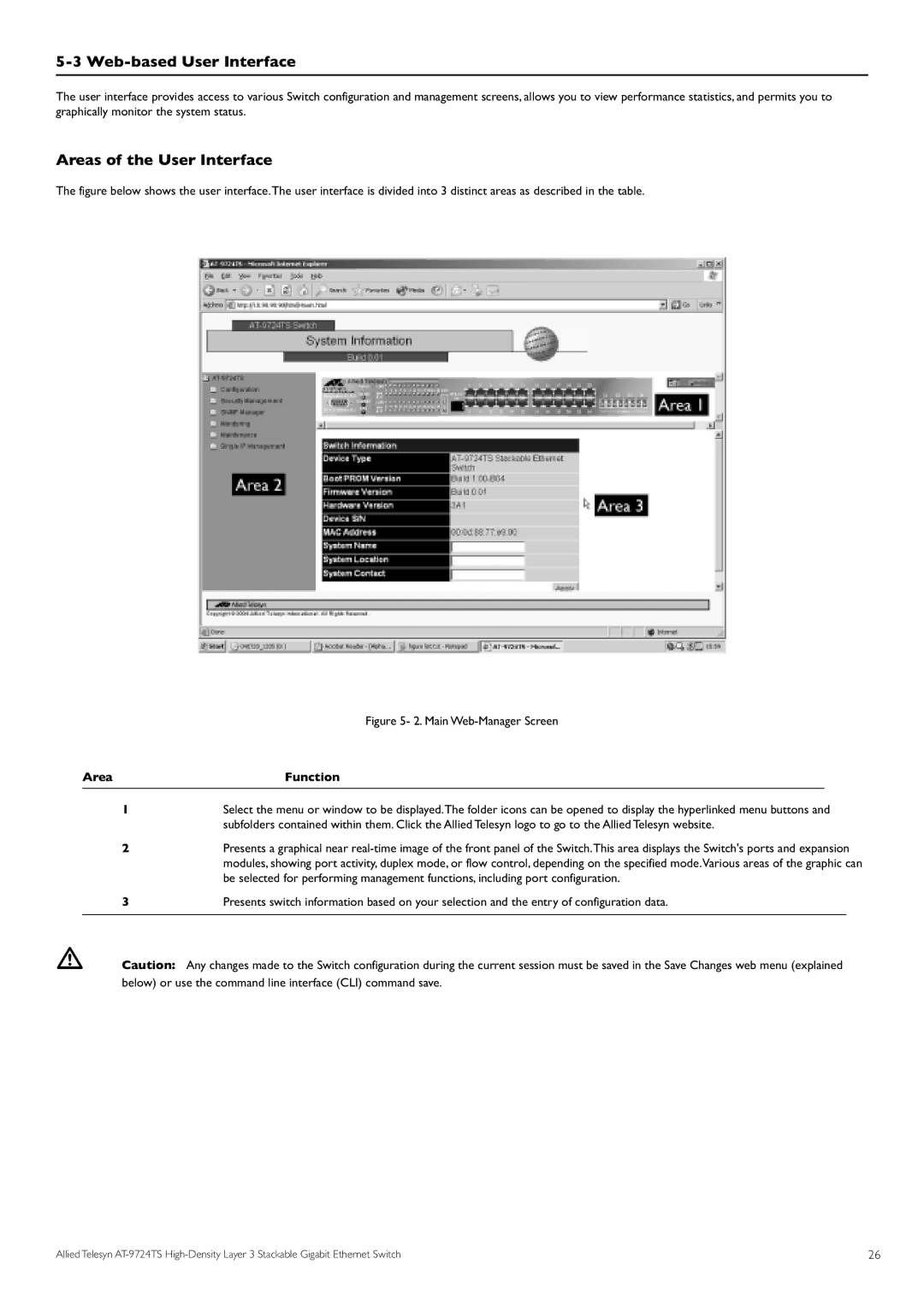 Allied Telesis AT-9724TS specifications Web-based User Interface, Areas of the User Interface, AreaFunction 