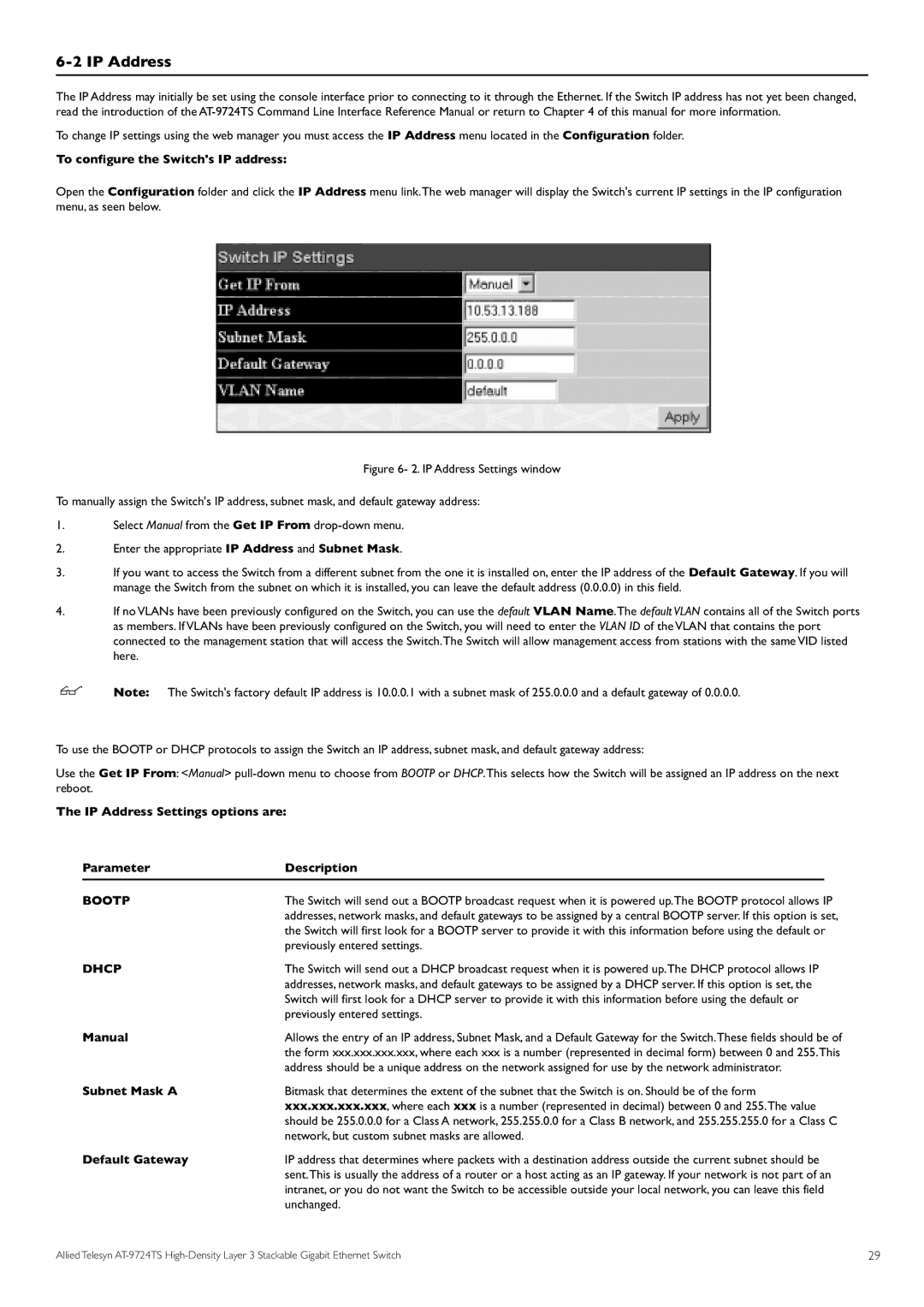 Allied Telesis AT-9724TS specifications IP Address, Bootp, Dhcp 