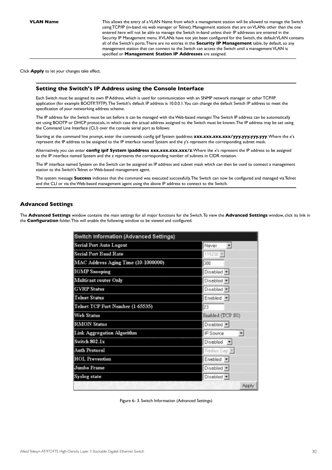 Allied Telesis AT-9724TS Setting the Switchs IP Address using the Console Interface, Advanced Settings, Vlan Name 