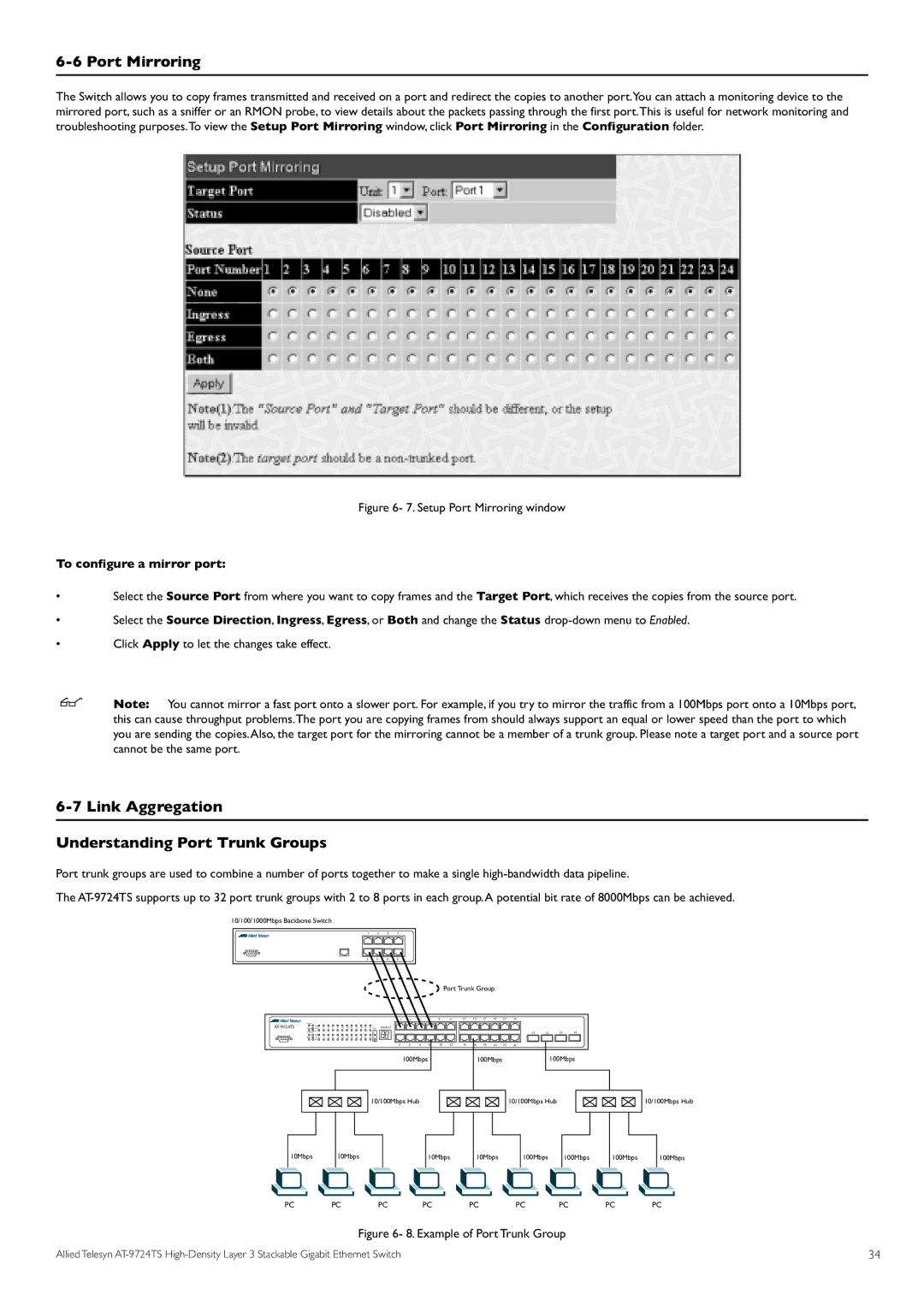 Allied Telesis AT-9724TS Port Mirroring, Link Aggregation Understanding Port Trunk Groups, To configure a mirror port 