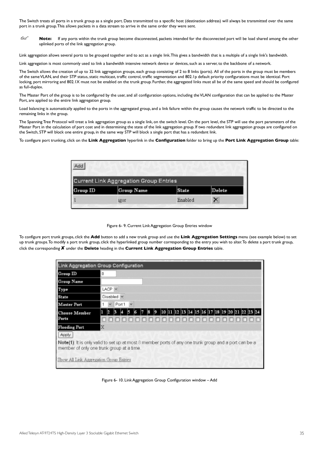 Allied Telesis AT-9724TS specifications Link Aggregation Group Configuration window Add 